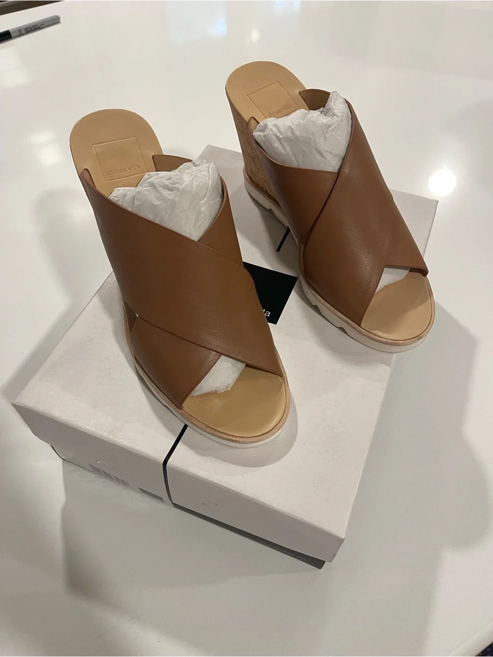 Dolce Vita Lisa Mocha Leather Crisscross Wedge Mules